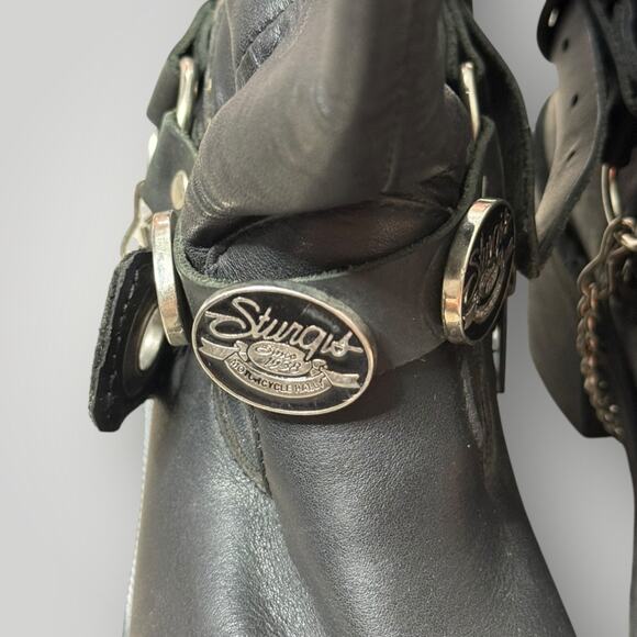 Harley Davidson Women Black Leather Biker Ankle Boots Chain Buckle Sturgis sz 7 - Picture 5 of 13